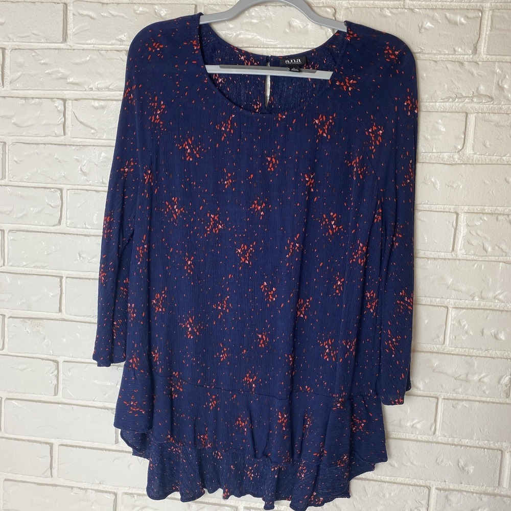 A.N.A. Womens Blouse Navy Size L High Low Long Bell Sleeve Office